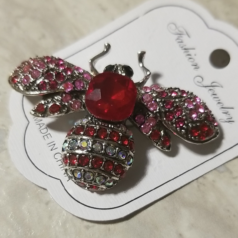 Elegant Red and Pink Bee Brooch